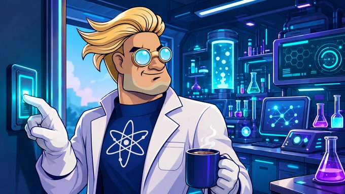 A cartoon blonde scientist in a lab coat with an atom symbol on his shirt holds a coffee mug while pressing a button in a high-tech futuristic laboratory filled with glowing flasks and monitors, fitting the "gm scientists" post by depicting a cheerful morning greeting from a researcher ready for the day's experiments.