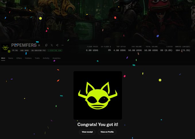 A celebratory pop-up with confetti confirms a successful mint of the NFT collection "PEPE MFERS" by user @Sant0s_eth, displayed on a platform showing a floor price of 0.6 ETH and a 24-hour volume of 58 USDG. The message "Congrats! You got it!" appears below the iconic green Pepe-the-Frog character logo, aligning with the post announcing the free-to-paid mint.