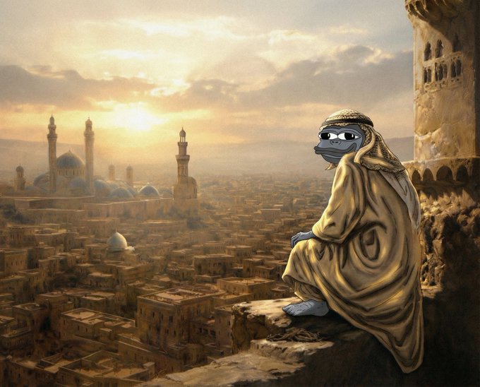 A surreal artwork depicting a Pepe the Frog character wearing a keffiyeh and robes, sitting on a cliff overlooking a Middle Eastern city with domes and minarets at sunset.