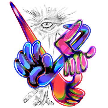 A surreal, colorful digital artwork featuring a pencil sketch of a wide-eyed creature intertwined with vibrant, psychedelic pink, blue, and orange fluid 3D shapes and melting forms.