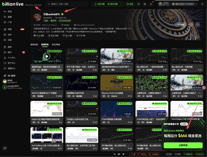 The image shows a computer screen displaying a webpage from the Billion Live platform, which features a variety of stock market images. The post includes a screenshot of the website's interface with the text "BillionLive" and "X Layer". The post also mentions that the content is in Chinese, indicating that it may be targeting an international audience or providing information to people who speak Chinese as their first language.