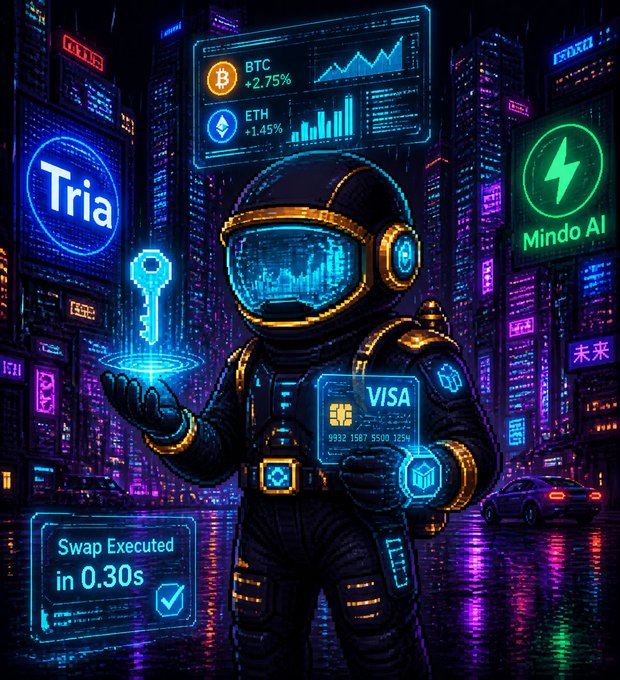 The image features an illustration of a man dressed as a space suit standing in front of a cityscape at night. The man appears to be holding a key that has a blue glow, which could potentially represent a virtual currency or cryptocurrency symbol. The background is filled with neon lights and buildings, creating a futuristic atmosphere. The caption below the image reads: "Good morning everyone The most interesting thing for me is how TRIA now feels more strongly tied to real ecosystem activity than just being a subject of numerical speculation". This suggests that the man's space suit and the key he holds are connected to some form of real-world activity or innovation, rather than being purely speculative elements in the image.