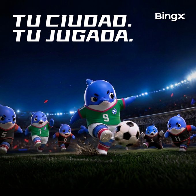A BingX advertisement with the Spanish text "TU CIUDAD. TU JUGADA." featuring animated blue dolphin mascots in soccer uniforms playing on a stadium field with one wearing a green Mexico jersey numbered 9.