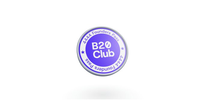 A purple circular badge or button with silver trim reading 'B20 Club' in the center, surrounded by the text 'AAA Founders Pass'.