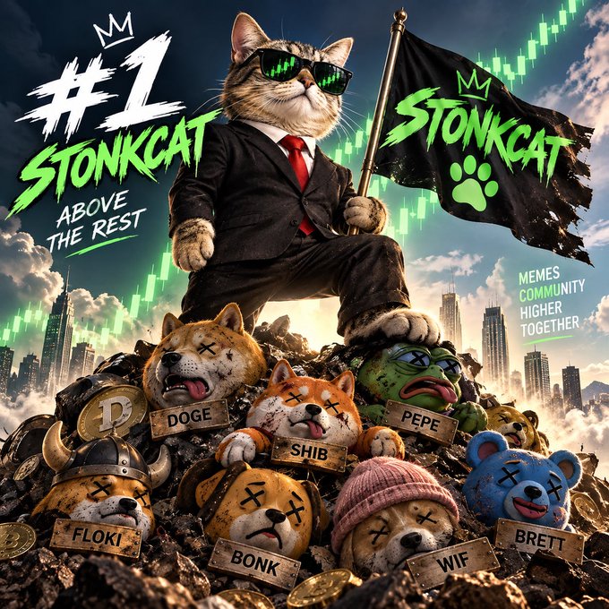A digital illustration features an anthropomorphic cat in a suit and sunglasses standing atop a pile of defeated meme coin mascots (labeled DOGE, SHIB, PEPE, FLOKI, BONK, WIF, BRETT), holding a flag that reads '#1 STONKCAT' with text 'ABOVE THE REST' and 'MEMES COMMUNITY HIGHER TOGETHER'.