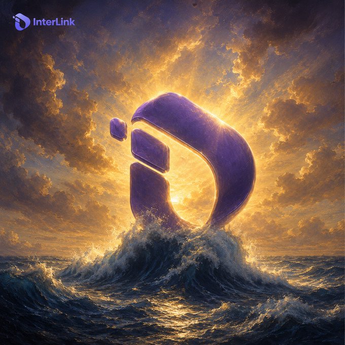 The image features the "InterLink" logo emerging triumphantly from crashing ocean waves beneath a dramatic sunset sky, visually reinforcing the post's message of perseverance and rising above challenges in the Web3/blockchain space, with hashtags #InterLink, #ITL, #ITLG, #Web3, #Blockchain, and #Crypto visible.