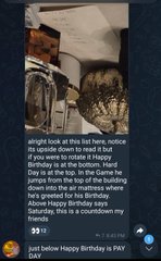 A Snapchat-style image shows an overturned chair with a caption about looking 'upside down to read it' and mentioning 'just below Happy Birthday is PAY'.