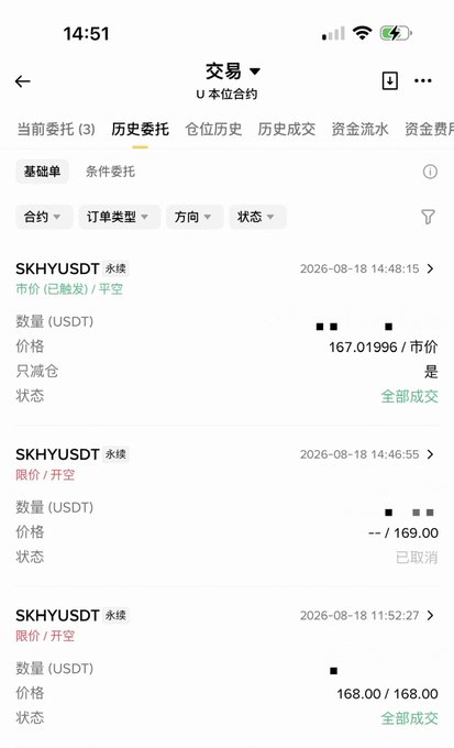 A mobile trading app screenshot displays a USDT perpetual trading history for SKHYUSDT, showing three entries dated 2026-08-18 with details on prices (167.01996, 169.00, 168.00) and statuses like '全部成交' (All Filled) and '已取消' (Cancelled).
