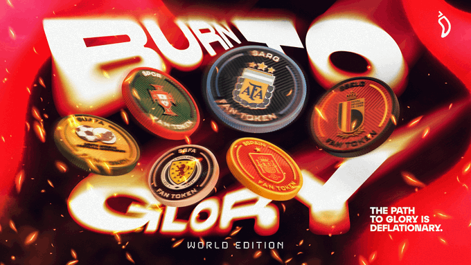 A promotional graphic for 'FAN TOKEN' featuring team badges including Argentina (AFA), Barcelona, and others, with text 'THE PATH TO GLORY IS DEFLATIONARY.'