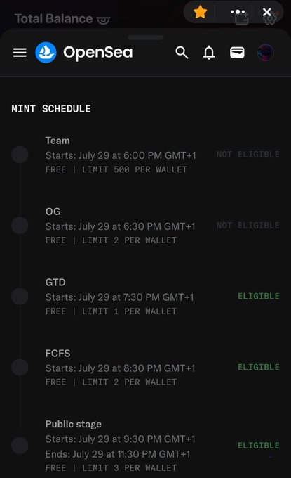 Screenshot of an OpenSea mobile app showing a MINT SCHEDULE with multiple stages (Team, OG, GTD, FCFS, Public stage) all starting July 29, with eligibility statuses indicating NOT ELIGIBLE for Team and OG, and ELIGIBLE for GTD, FCFS, and Public stage.