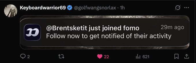 The image shows a retweeted notification from Keyboardwarrior69 announcing that account @Brentsketit just joined the platform "fomo" 29 minutes ago. The post's playful "oh?" caption suggests surprise or curiosity about this new user joining the community.