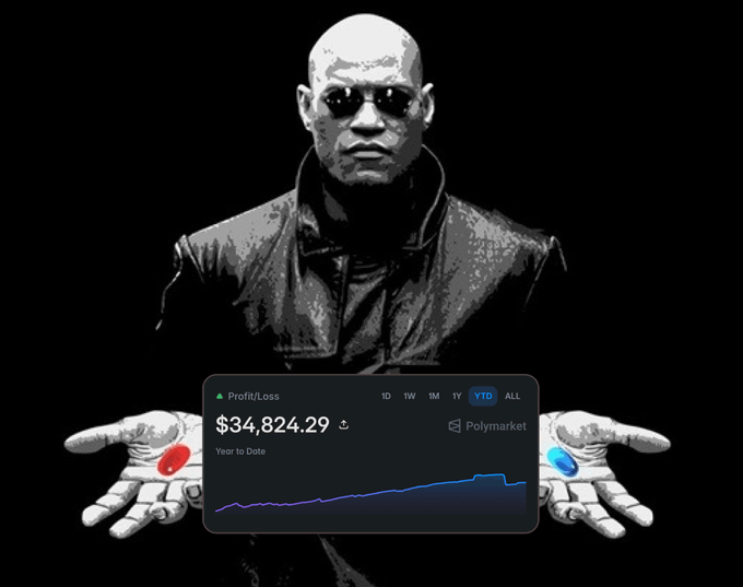 A stylized black and white image of a bald man wearing sunglasses, holding a red and blue pill, with a Polymarket trading widget overlaid showing a 'Profit/Loss' of '$34,824.29' YTD.