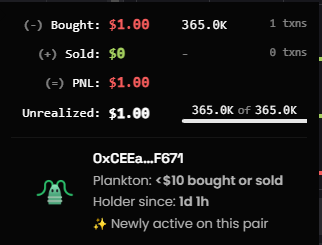 A trading interface shows a wallet (0xCEEa_F674) that bought $1.00 (365.0K txns) of the Ethereum token 0x6982508145454ce325ddbe47a25d4ec3d2311933, with no sales and an unrealized PNL of $1.00, noted as a "Plankton" with less than $10 bought or sold and active for just 1 day. This reflects the post's humorous observation about a tiny $1 purchase signaling the return of meme season.