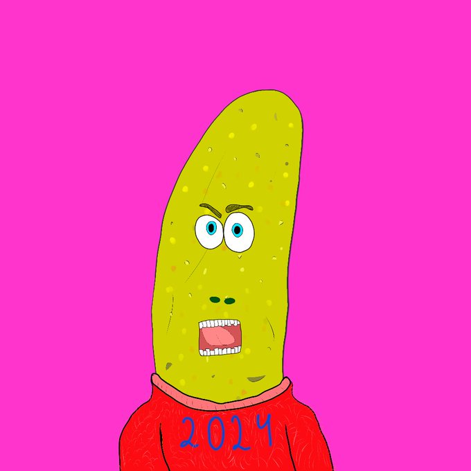 A cartoon illustration of a pickle character with wide eyes and an open mouth, wearing a red shirt that says '2024' against a bright pink background.
