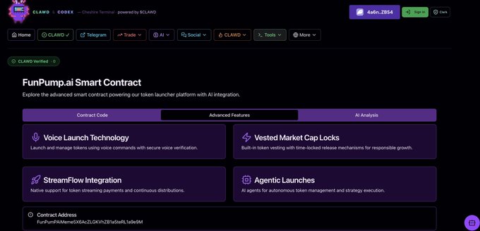 A screenshot of the CLAWD Codex website displaying the 'FunPump.ai Smart Contract' page with features like Voice Launch Technology, Vested Market Cap Locks, StreamFlow Integration, and Agentic Launches.