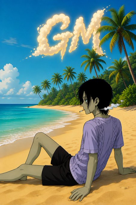 An anime-style illustration shows a black-haired male character in a purple sweater and black shorts sitting on a sandy beach with palm trees, while the text 'GM' appears in cloud-shaped smoke against a blue sky.