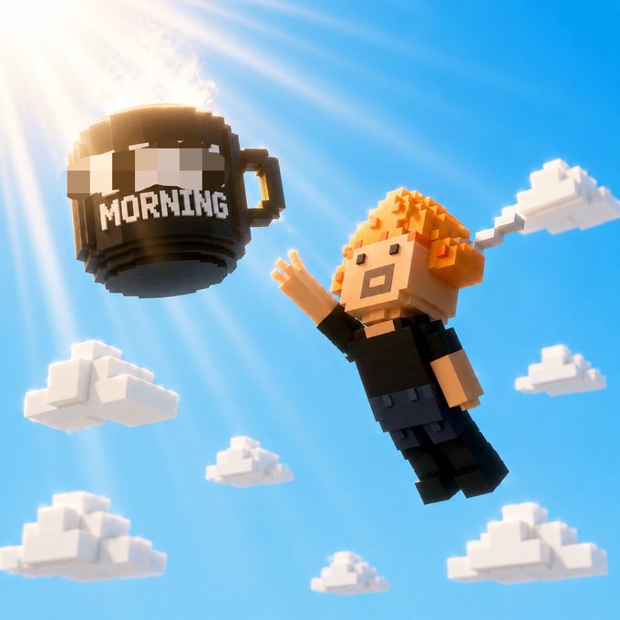 A blocky 3D figure floats among white clouds toward a steaming black mug labeled “MORNING” in a bright blue, sunlit sky.