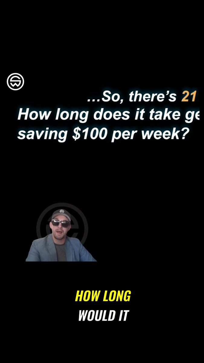 The image features a man wearing sunglasses and has text about Bitcoin stacked vertically against a black background. The caption reads "How long would it take to stack 1 Bitcoin by saving $100/week? In 2014, it took just 1 month. In 2020, 8 years. Today?" It seems as though the message is related to the concept of stacking Bitcoins or investing in them over time and how much it takes to accumulate a certain amount. The context seems to be that someone has placed this post in an image about Bitcoin and its value.