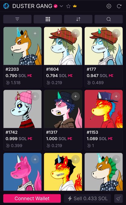 A screenshot of the 'DUSTER GANG' NFT collection marketplace showing various unicorn and dragon-themed character profiles with prices listed in SOL (Solana), including items #2203, #1604, #177, #1742, #1317, #1153, with a 'Connect Wallet' button at the bottom.