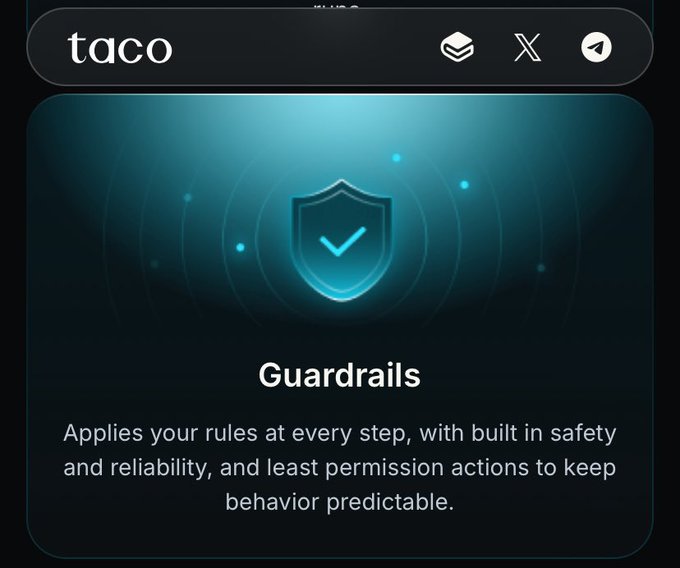 A digital interface showing the word 'taco' with a 'Guardrails' feature highlighted, displaying text about applying rules for safety and predictable behavior.