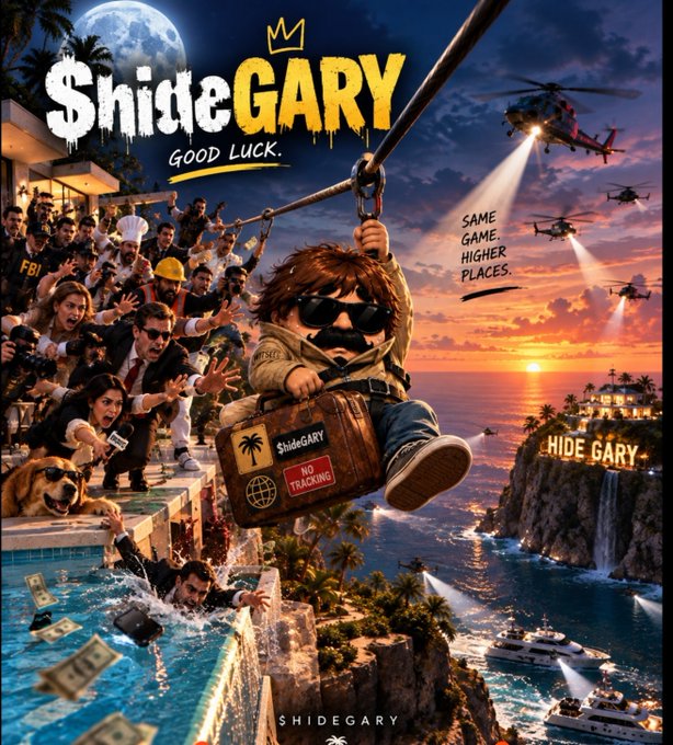 A stylized promotional poster titled 'ShideGARY - GOOD LUCK' with the tagline 'SAME GAME, HIGHER PLACES,' depicting a cartoon character escaping on a rope with helicopters pursuing, set against a sunset coastal backdrop.