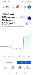 The image shows a trading app screen displaying the SimonSays (ZBCNS) token on ZBCN/zebec, with a current price of $0.00001644, up +$0.0000004432 (36.92%), and a market cap of $16.44K, likely shown to support the post's claim of the token's growth.