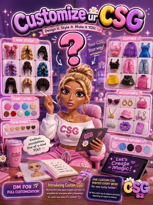 A promotional graphic titled 'Customize ur CSG' featuring a blonde character with customization options for hair styles, hair colors, skin tones, clothes, accessories, and patterns & textures.