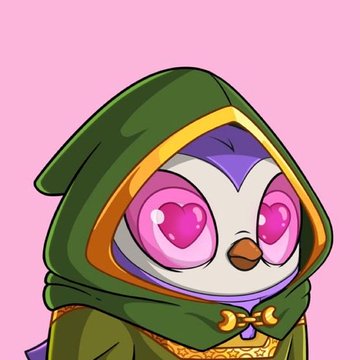A hooded cartoon penguin character wearing a green robe and a purple mask stares ahead with pink heart-shaped eyes, perfectly embodying the excited, lovestruck feeling of being smitten over the Panini x Birb NFT collaboration drop.