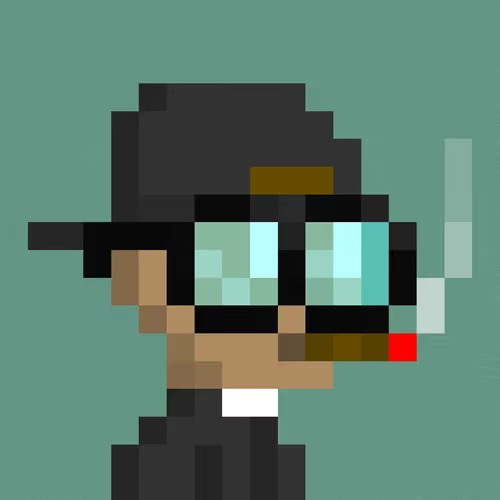 Pixel art illustration of a character wearing a dark fedora hat and sunglasses with a cigarette in their mouth, set against a teal background.