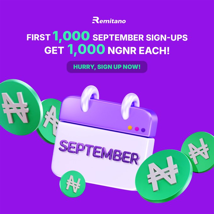 A purple promotional advertisement for Remitano featuring a calendar marked 'SEPTEMBER' surrounded by green NGNR cryptocurrency coins, with text reading 'FIRST 1,000 SEPTEMBER SIGN-UPS GET 1,000 NGNR EACH! HURRY, SIGN UP NOW!'.
