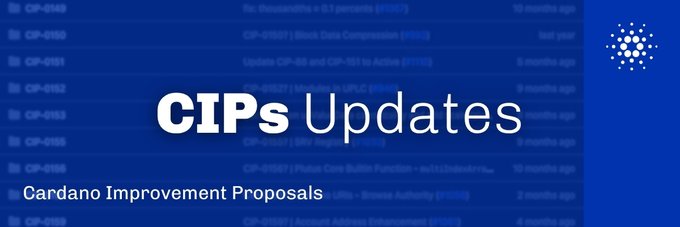The image displays "CIPs Updates" with the subtitle "Cardano Improvement Proposals," set against a blue background featuring a list of various CIP entries (CIP-0049 through CIP-0059) with their titles and timestamps, visually representing the weekly Cardano protocol improvements discussed in the post.