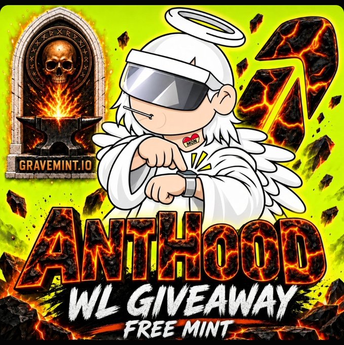 An 'ANTHOOD WL GIVEAWAY' promotional graphic featuring an angel cartoon character with a halo and visor, alongside a gravestone marked 'GRAVEMINT.IO'.