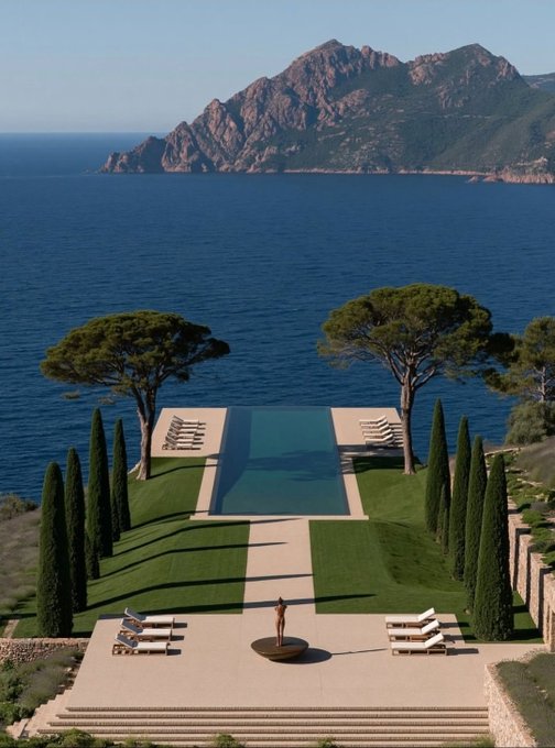 A scenic view of an infinity pool overlooking a rocky coastline and the ocean, flanked by stone pines and cypress trees, with a statue in the foreground.