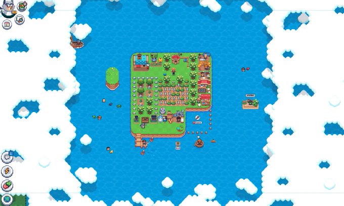A screenshot of a pixel art farming simulation game showing a small island with crops, trees, and farm buildings surrounded by blue water and clouds.