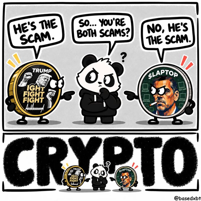 The comic features a panda between two coin-like characters—a "TRUMP" coin labeled "IGHT FIGHT FIGHT" and a "$LAPTOP" coin (referencing Hunter Biden)—arguing "He's the scam" and "No, he's the scam," with "CRYPTO" in large letters below. The cartoon satirizes crypto influencers promoting political meme coins as scams, with the caption suggesting Hunter Biden should return to painting rather than launch a "Laptop" crypto token.