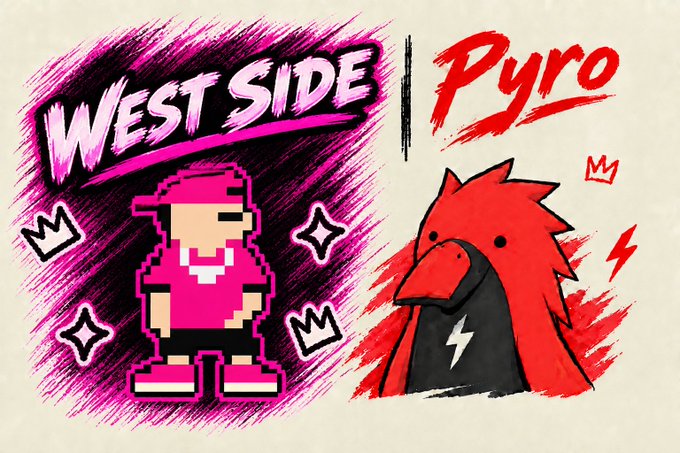 A retro pixel-art style graphic featuring a character in a pink hoodie next to a red bird with lightning bolt details, with stylized text reading 'West Side | Pyro'.