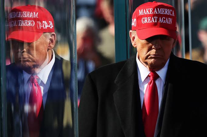 Donald Trump is pictured wearing a red "Make America Great Again" hat, visually reinforcing his brand and political identity. The image serves as a portrait of the individual behind the high-priced membership and digital assets mentioned in the post.