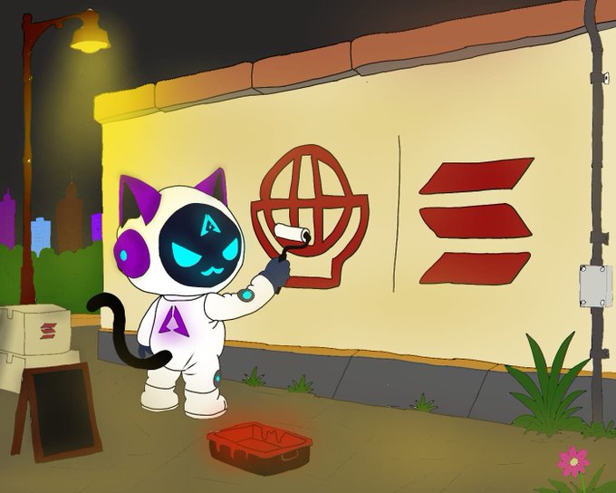A cartoon character wearing a white hooded outfit with cat ears and a black mask spray-paints a red globe symbol onto a yellow wall at night.