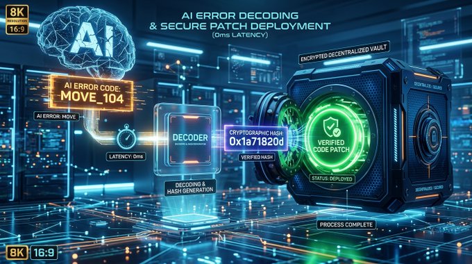 Futuristic graphic titled 'AI ERROR DECODING & SECURE PATCH DEPLOYMENT' showing AI, an 'AI ERROR CODE: MOVE_104', a decoder, and an 'ENCRYPTED DECENTRALIZED VAULT' processing a 'VERIFIED CODE PATCH' with 0ms latency.