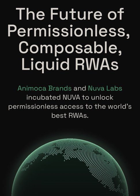 A promotional graphic with a black background displays white and green text reading 'The Future of Permissionless, Composable, Liquid RWAs' and 'Animoca Brands and Nuva Labs incubated NUVA to unlock permissionless access to the world's best RWAs.', above a dotted graphic of a green globe.