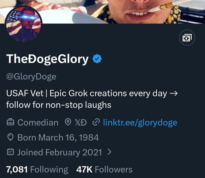 An X (Twitter) profile for 'TheDogeGlory' (@GloryDoge), a USAF Vet and Comedian with 47K followers, featuring a banner image of a person smoking.