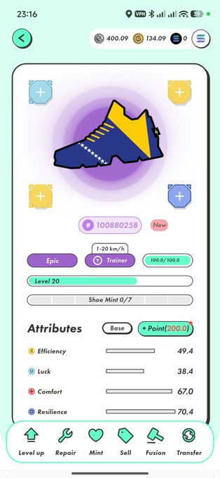 The image shows a phone screen with an app icon displayed, which appears to be a shoe shopping app. The app has a purple background and features a blue shoe design as its main element. There are three different types of shoes shown on the screen, each with unique colors - yellow, blue, and white. The app also provides information about the shoes, such as their price range and available styles.