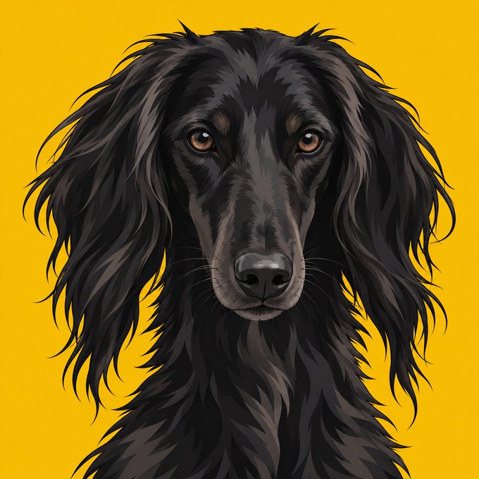 A stylized portrait of a long-haired black dog faces forward against a bright yellow background. There is no visible text in the image; the accompanying post references Brocolli, BNB, the Taigan Inu, $BINA, and the contract address `0xed71b42b07cc1664c0f82361d48d0417a6ed7777`.