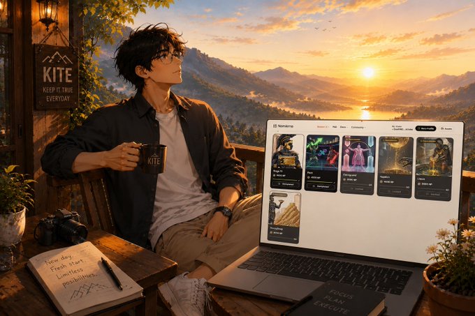 A young man relaxes on a wooden porch with a "KITE - KEEP IT TRUE EVERYDAY" sign behind him, holding a coffee mug while working on a laptop displaying the Nomisma platform with its Season 3 Stage 13 quests interface. A notebook reads "New day, Fresh start, Limitless, Positivity" and a journal shows "Focus, Plan, Execute," reflecting the motivational tone of the announcement about engaging with Nomisma posts and opening market positions on PerX to earn 2,000 points.