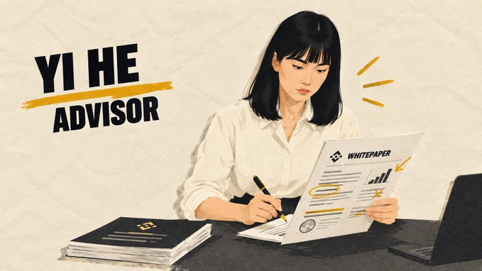 An illustrated promotional image titled 'YI HE ADVISOR' featuring a woman with black hair reading a 'WHITEPAPER' document while sitting at a desk with a laptop.