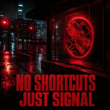 Dark cyberpunk-style image of a rainy city street at night featuring a glowing red dinosaur logo with the text 'NO SHORTCUTS JUST SIGNAL' in bold red letters.