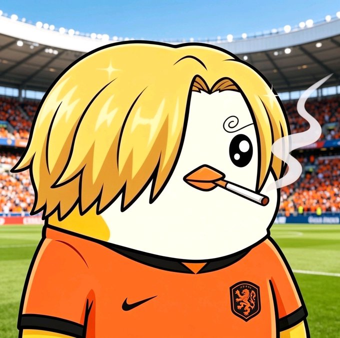 A cartoon duck with blonde hair smokes a cigarette while wearing the orange Netherlands national football kit (Nike logo and KNVB crest visible), set against a stadium backdrop — a humorous, irreverent visual paired with the post's message about crypto network verification and optimization costs.