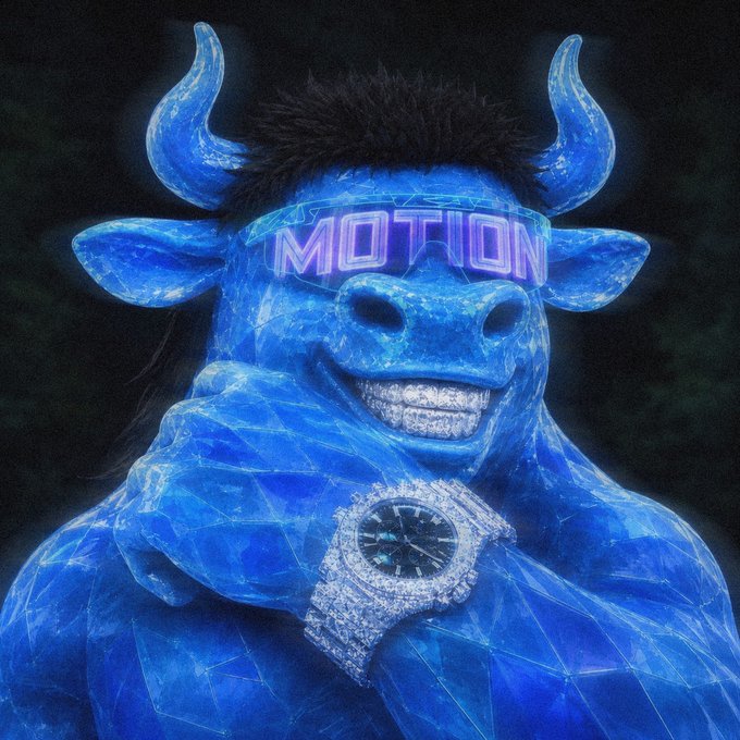 A blue, crystalline bull character with horns and sunglasses displaying the word 'MOTION' in neon text, wearing a diamond-encrusted watch and showcasing a hand gesture.