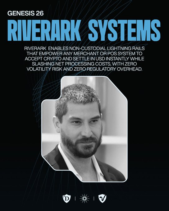 A promotional graphic titled 'GENESIS 26 RIVERARK SYSTEMS' describing non-custodial Lightning rails for crypto-to-USD settlement, featuring a black-and-white portrait of a bearded man and logos at the bottom.