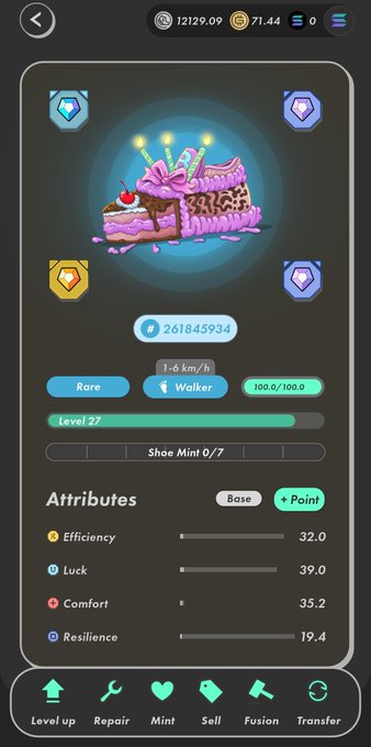 A mobile game screen displaying a rare digital sneaker NFT with birthday candles on it, labeled 'Walker' at Level 27, with attributes like Efficiency (32.0), Luck (39.0), Comfort (35.2), and Resilience (19.4).